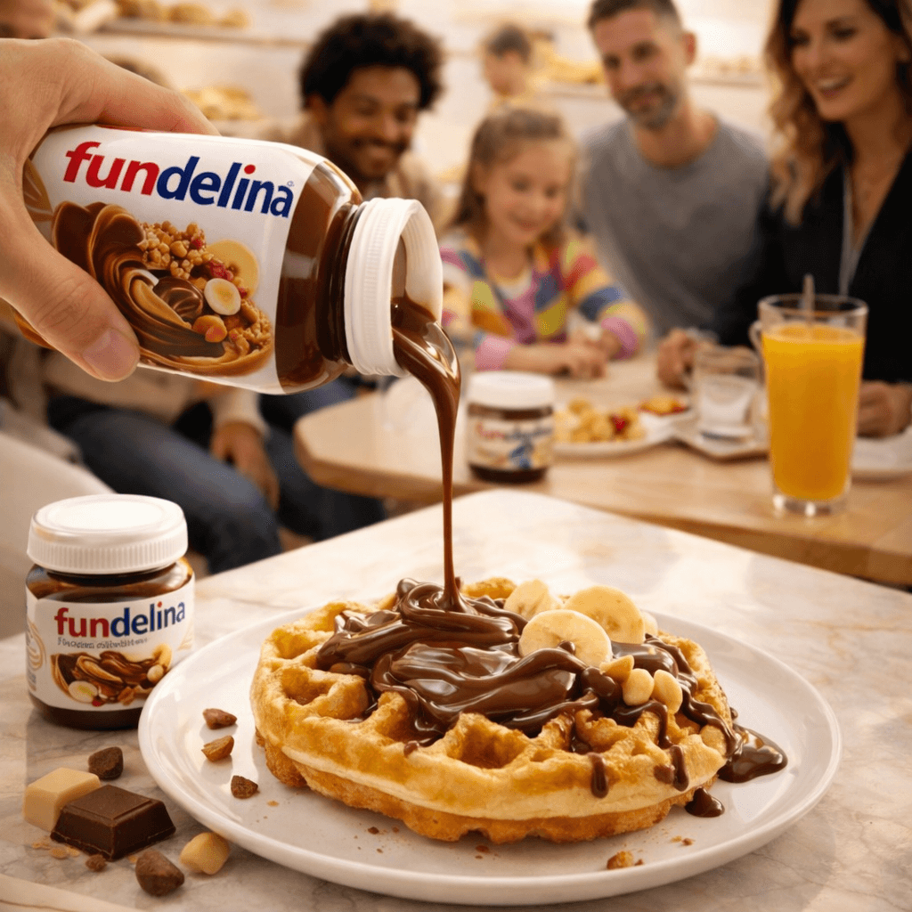 Waffle drizzled with Fundelina at brunch table