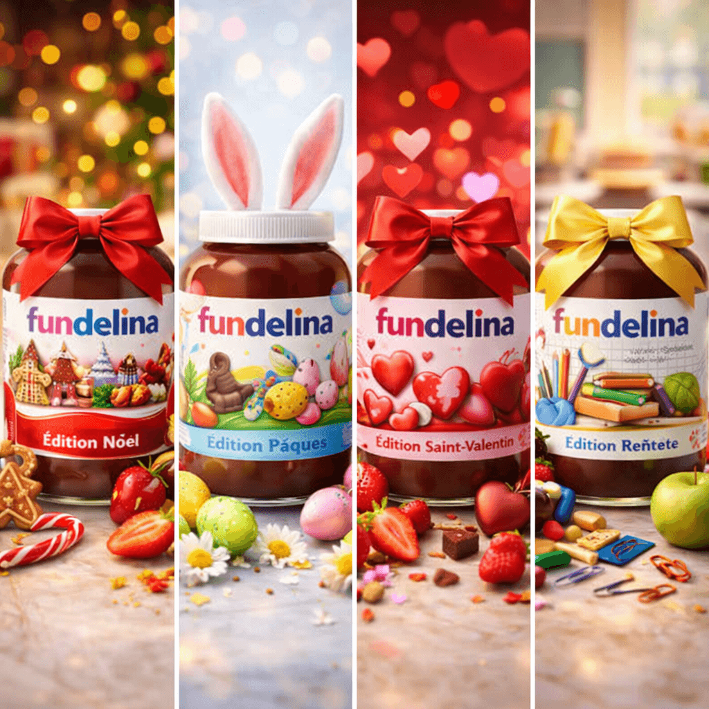 Grocery store display with Fundelina jars on shelf